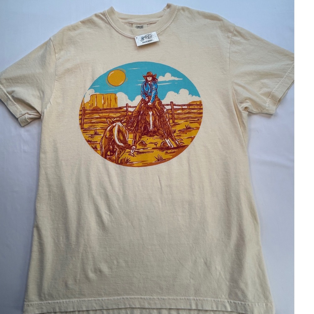 Comfort Colors T-Shirt Women Medium Ivory Western Graphic Cowgirl Horse